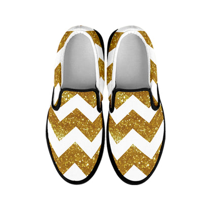 Gold And White Chevron Pattern Print Black Slip On Shoes