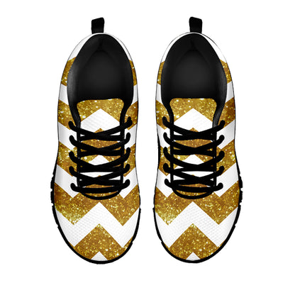 Gold And White Chevron Pattern Print Black Sneakers