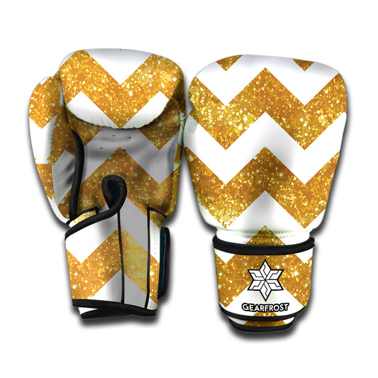 Gold And White Chevron Pattern Print Boxing Gloves