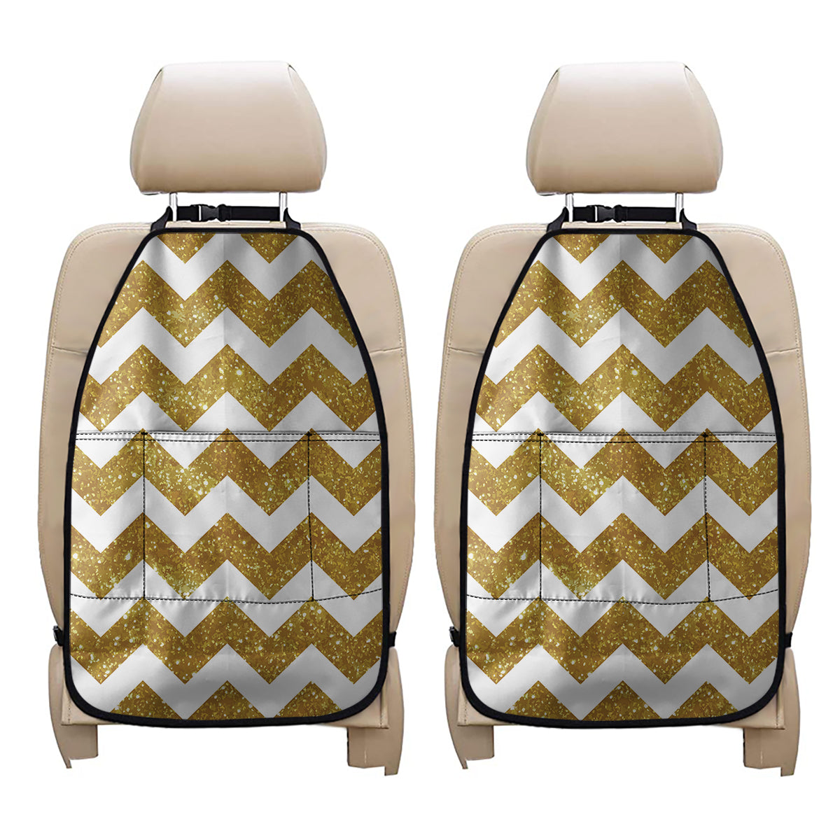 Gold And White Chevron Pattern Print Car Seat Organizers