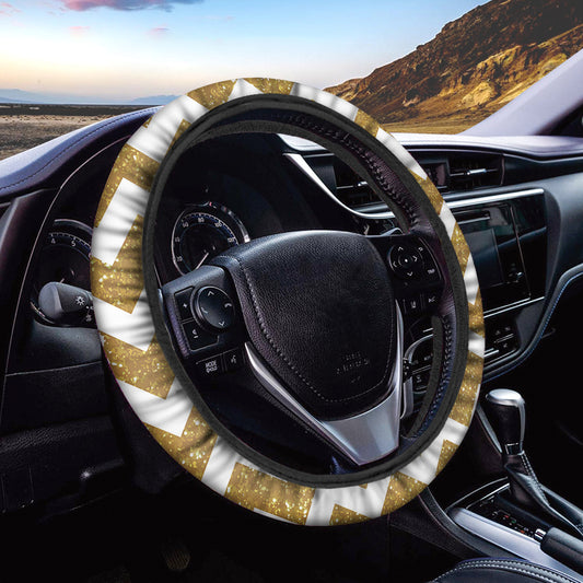 Gold And White Chevron Pattern Print Car Steering Wheel Cover