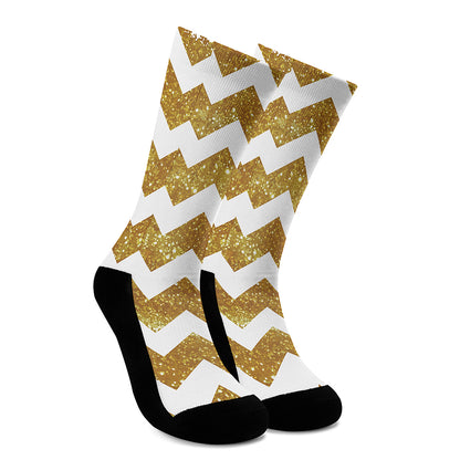 Gold And White Chevron Pattern Print Crew Socks