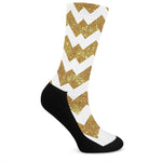 Gold And White Chevron Pattern Print Crew Socks
