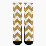 Gold And White Chevron Pattern Print Crew Socks