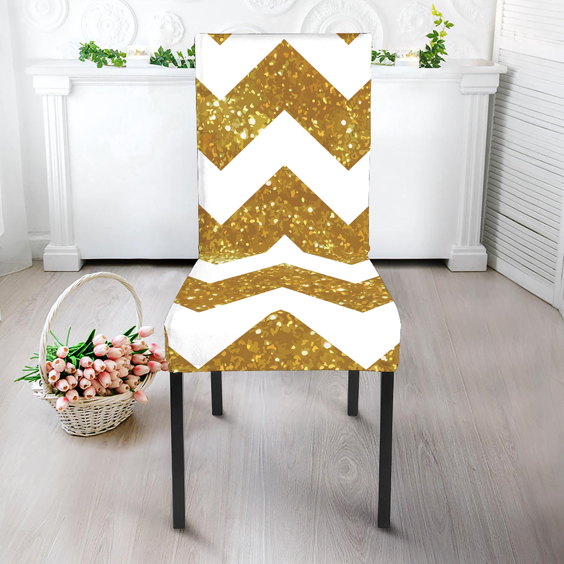 Gold And White Chevron Pattern Print Dining Chair Slipcover