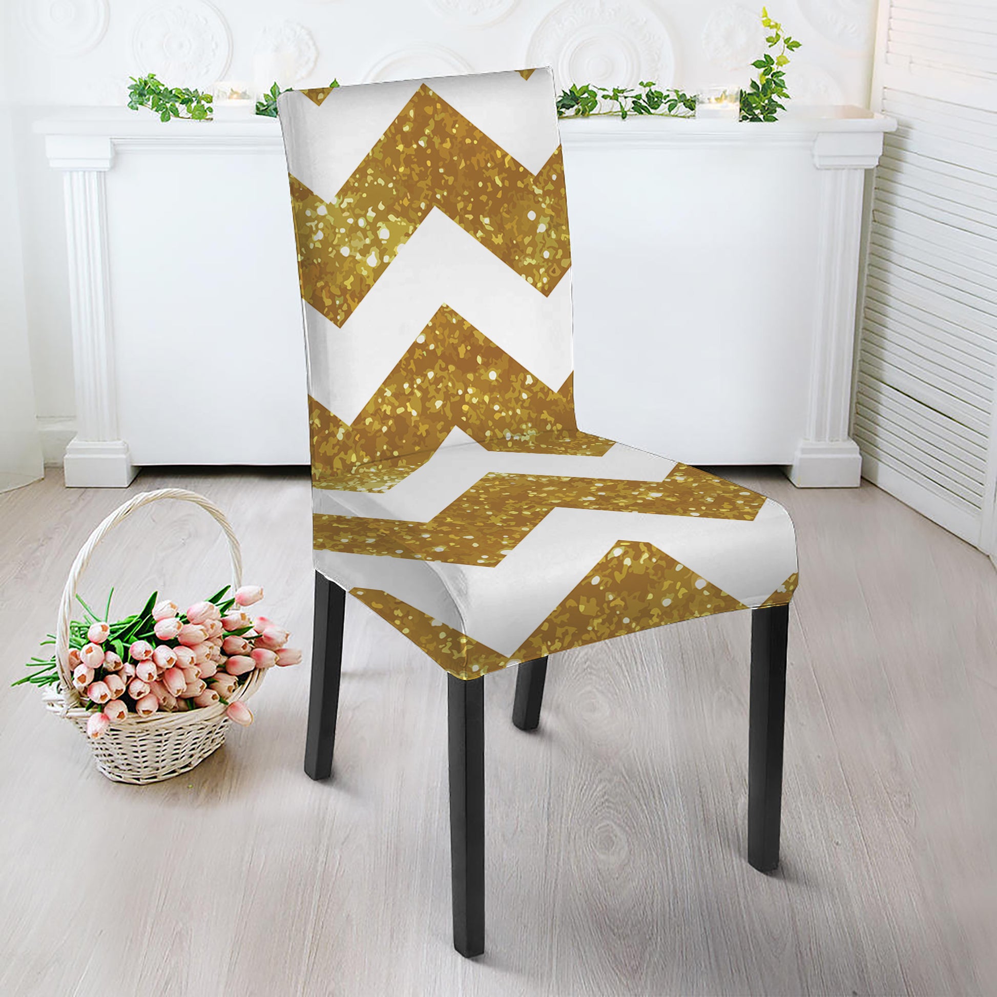 Gold And White Chevron Pattern Print Dining Chair Slipcover