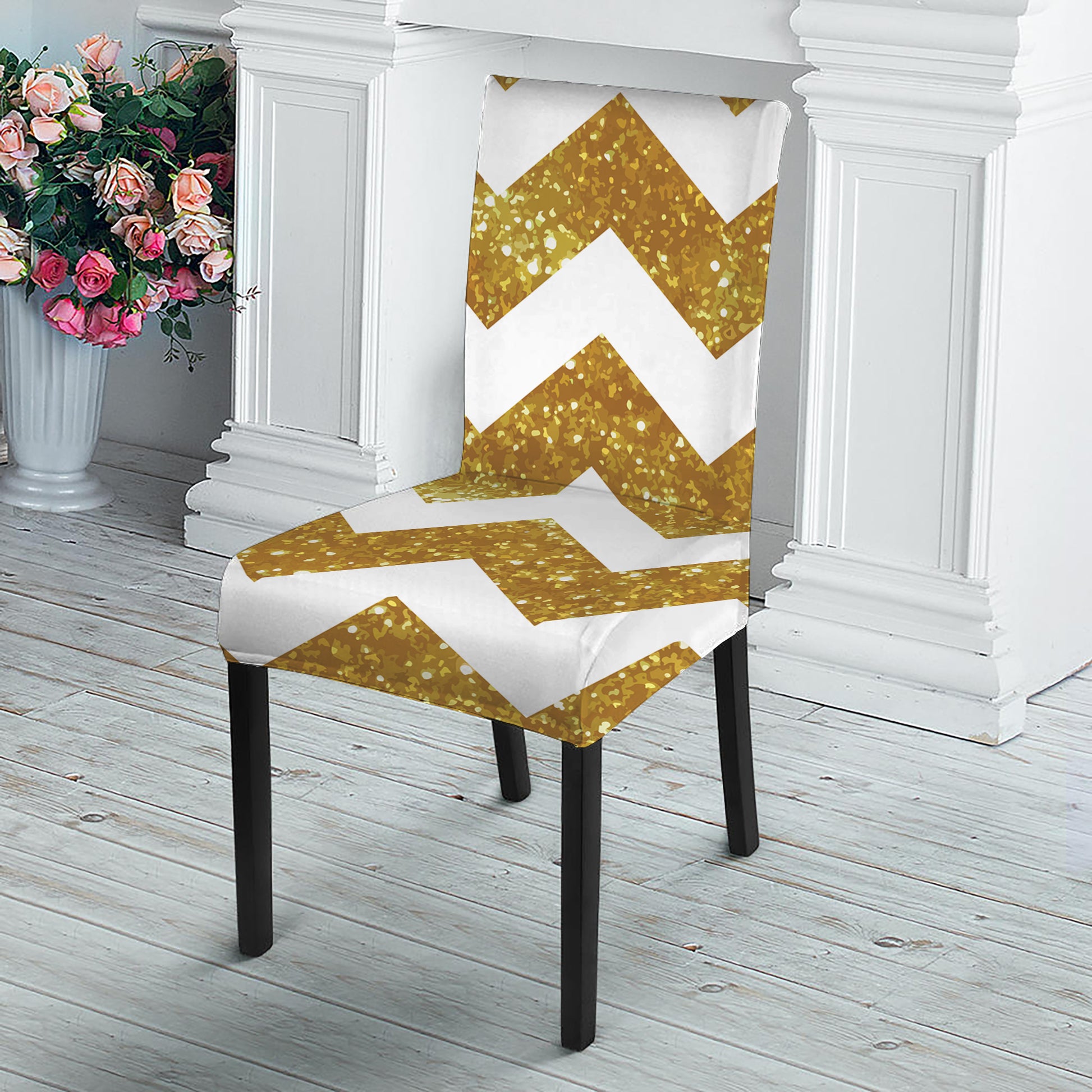 Gold And White Chevron Pattern Print Dining Chair Slipcover