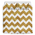 Gold And White Chevron Pattern Print Duvet Cover Bedding Set
