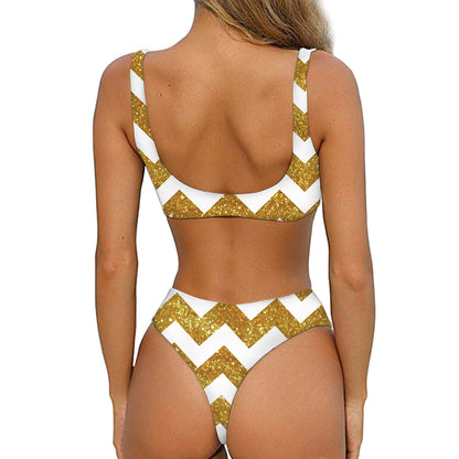 Gold And White Chevron Pattern Print Front Bow Tie Bikini