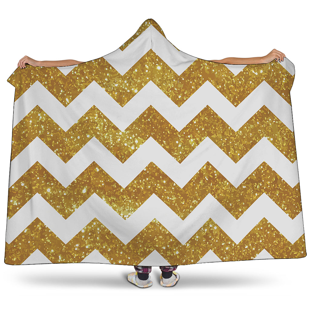 Gold And White Chevron Pattern Print Hooded Blanket