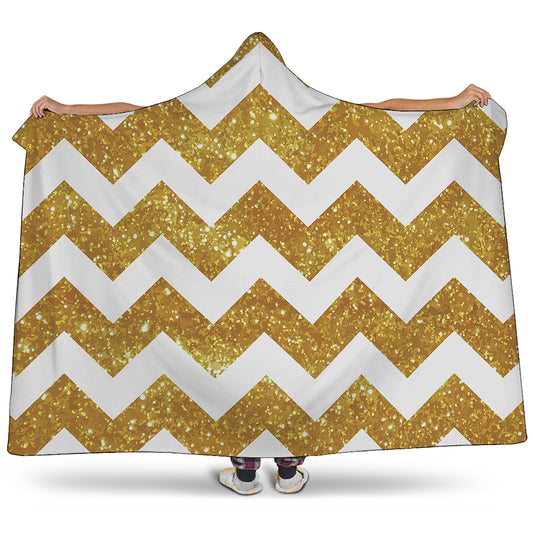 Gold And White Chevron Pattern Print Hooded Blanket