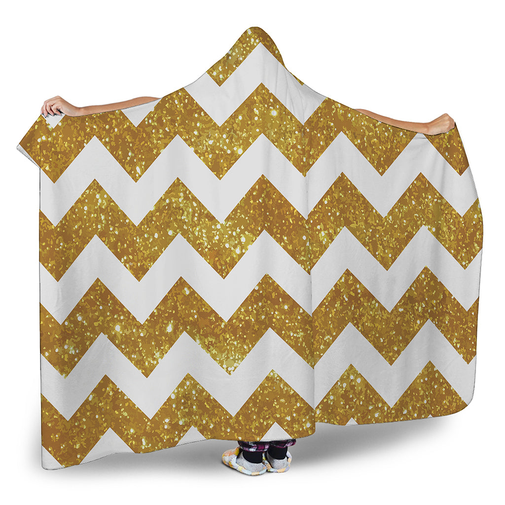 Gold And White Chevron Pattern Print Hooded Blanket
