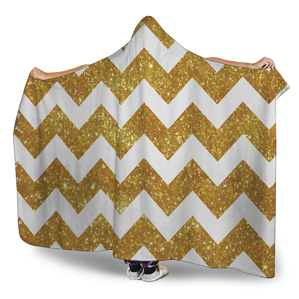 Gold And White Chevron Pattern Print Hooded Blanket
