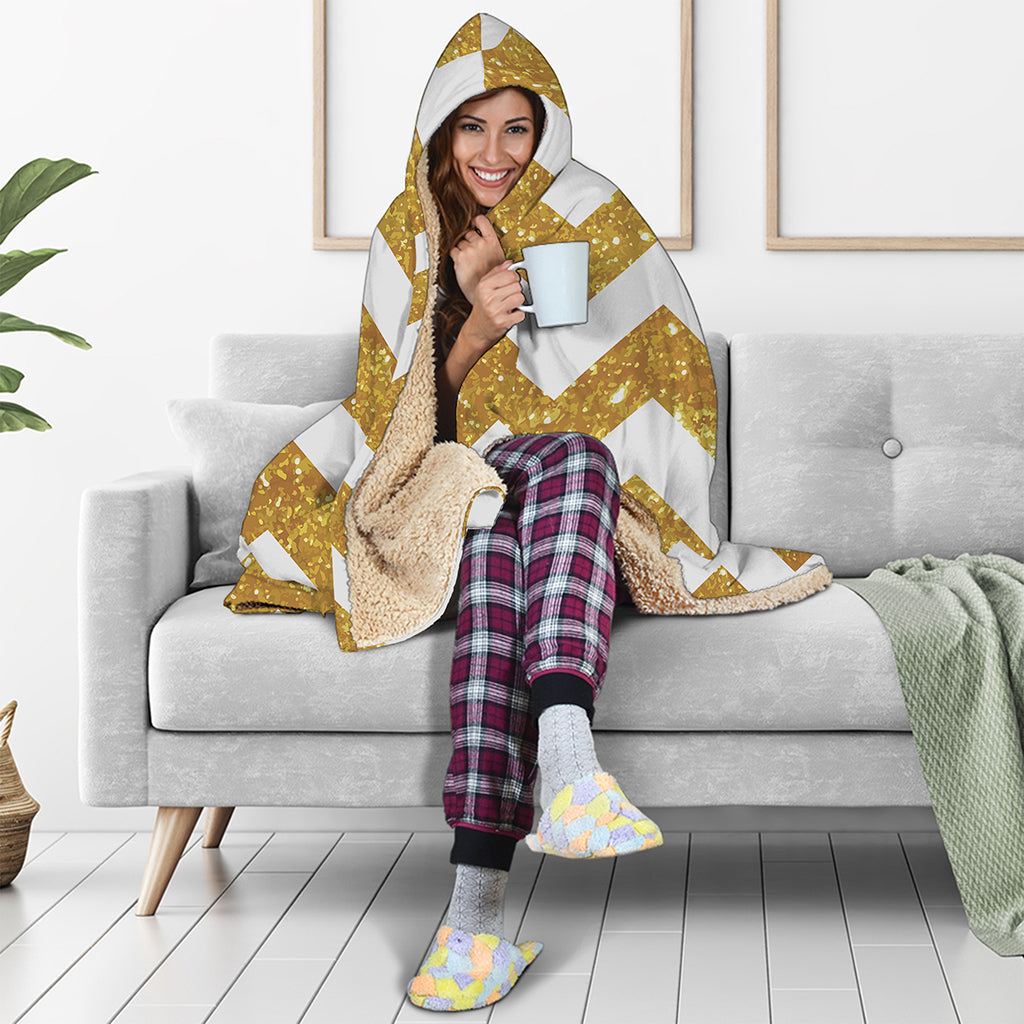 Gold And White Chevron Pattern Print Hooded Blanket
