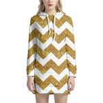 Gold And White Chevron Pattern Print Hoodie Dress