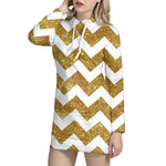 Gold And White Chevron Pattern Print Hoodie Dress