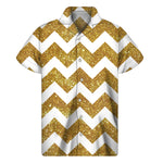Gold And White Chevron Pattern Print Men's Short Sleeve Shirt