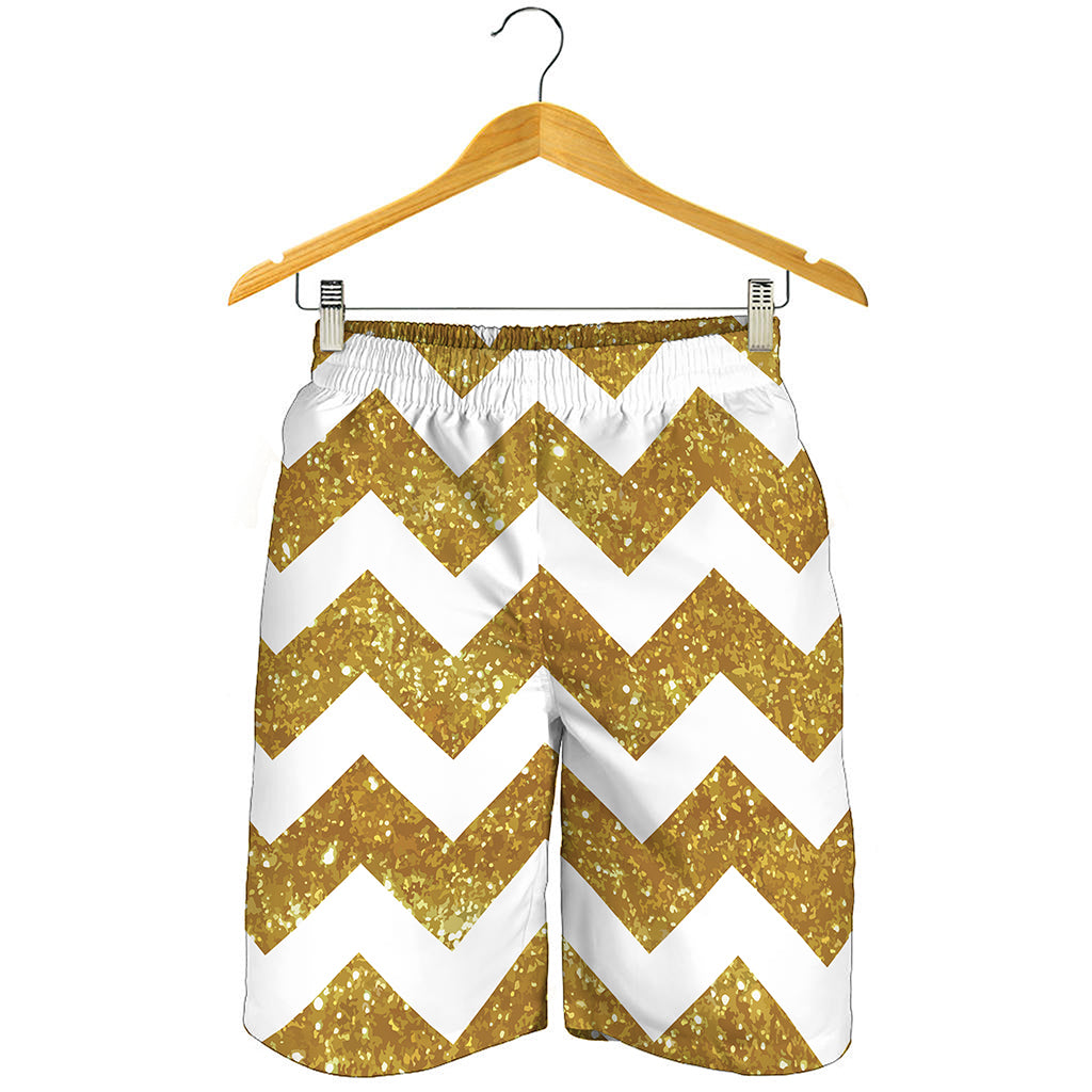 Gold And White Chevron Pattern Print Men's Shorts