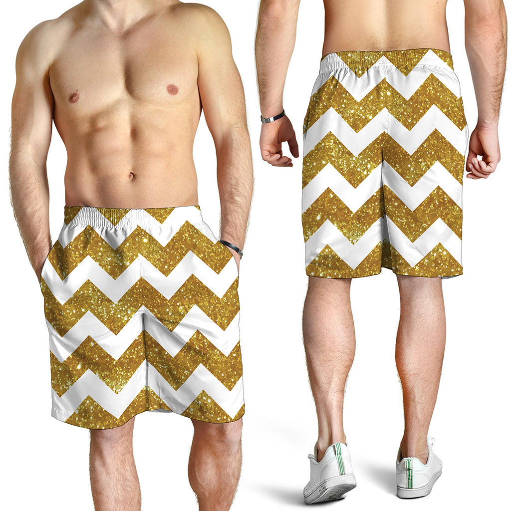 Gold And White Chevron Pattern Print Men's Shorts