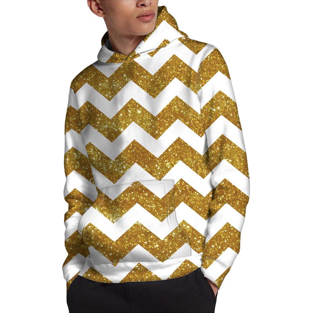 Gold And White Chevron Pattern Print Pullover Hoodie