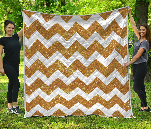 Gold And White Chevron Pattern Print Quilt