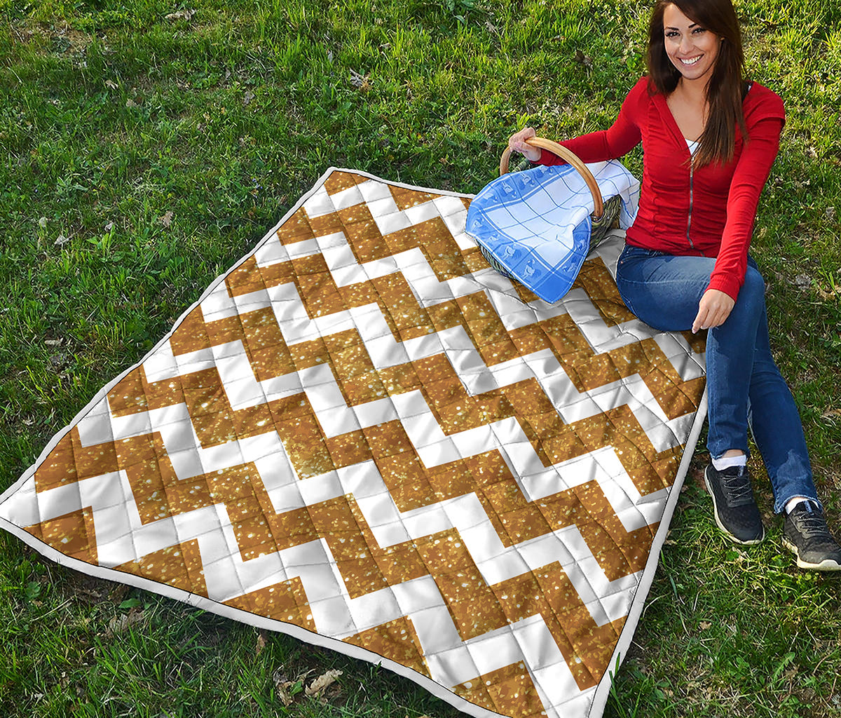 Gold And White Chevron Pattern Print Quilt