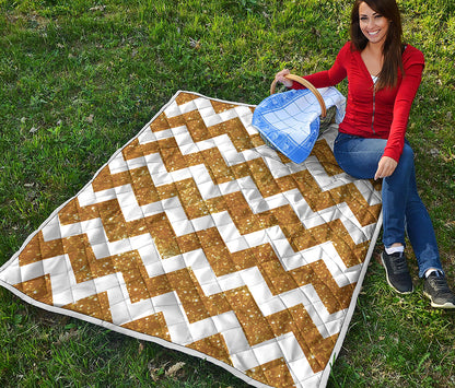 Gold And White Chevron Pattern Print Quilt