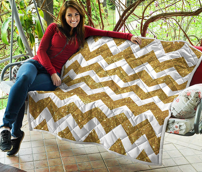 Gold And White Chevron Pattern Print Quilt