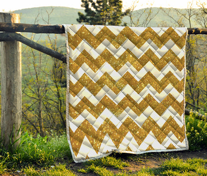 Gold And White Chevron Pattern Print Quilt