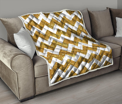 Gold And White Chevron Pattern Print Quilt