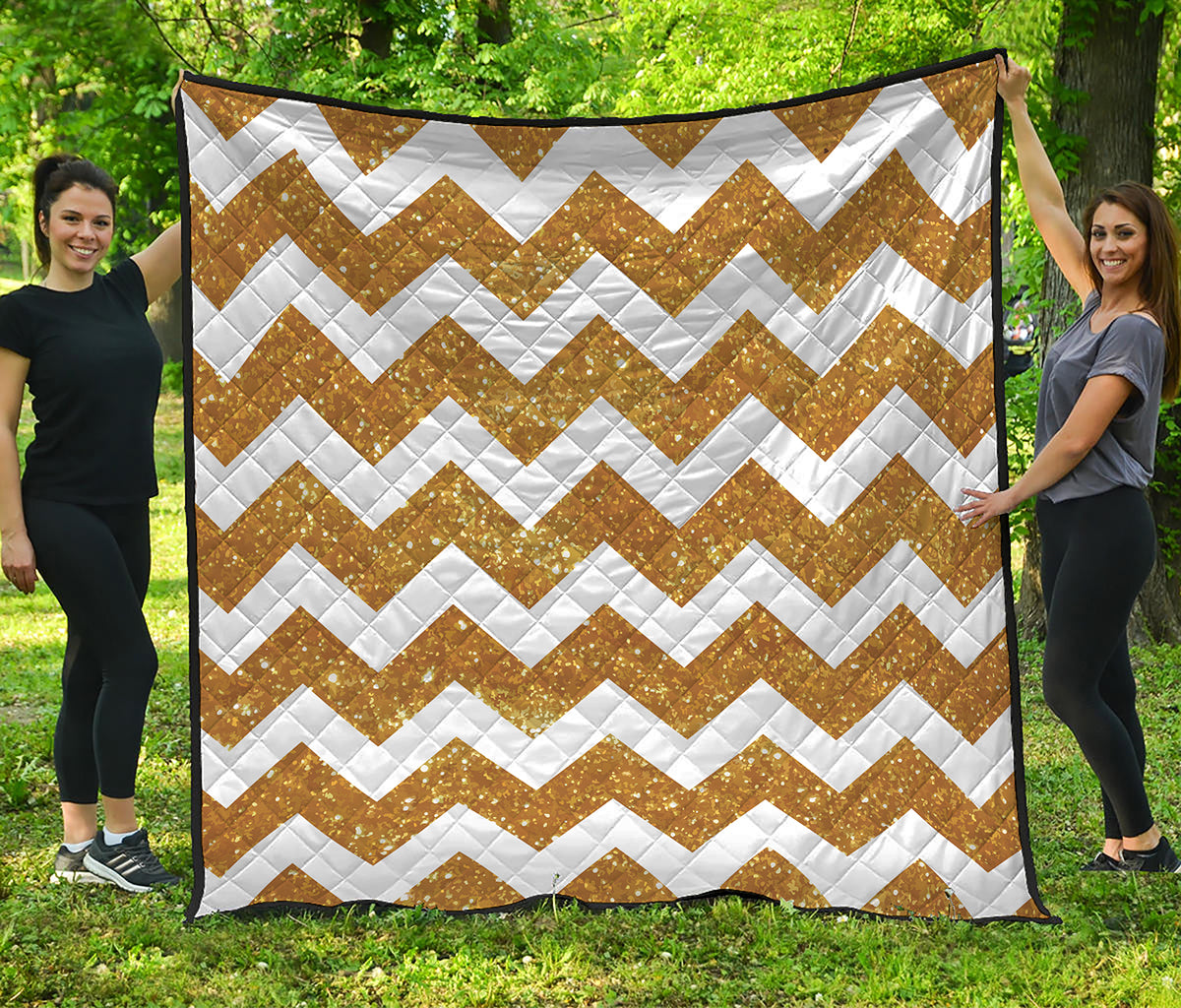 Gold And White Chevron Pattern Print Quilt