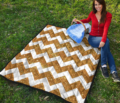 Gold And White Chevron Pattern Print Quilt