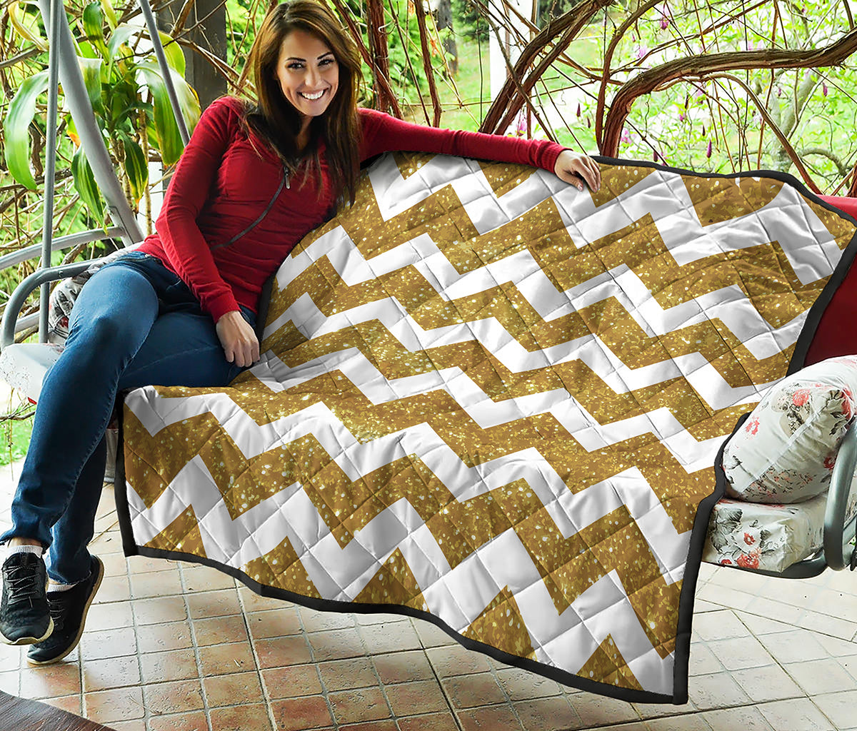 Gold And White Chevron Pattern Print Quilt