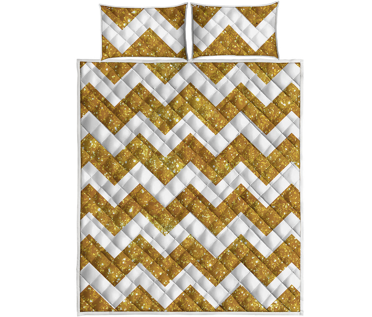 Gold And White Chevron Pattern Print Quilt Bed Set