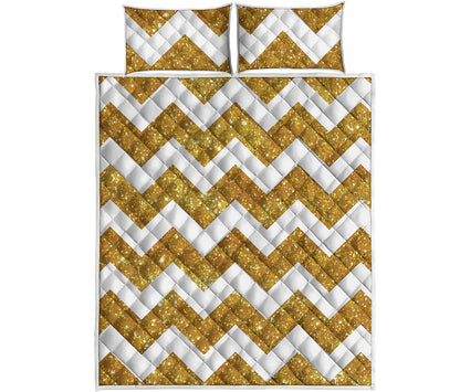 Gold And White Chevron Pattern Print Quilt Bed Set