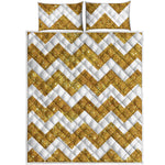 Gold And White Chevron Pattern Print Quilt Bed Set