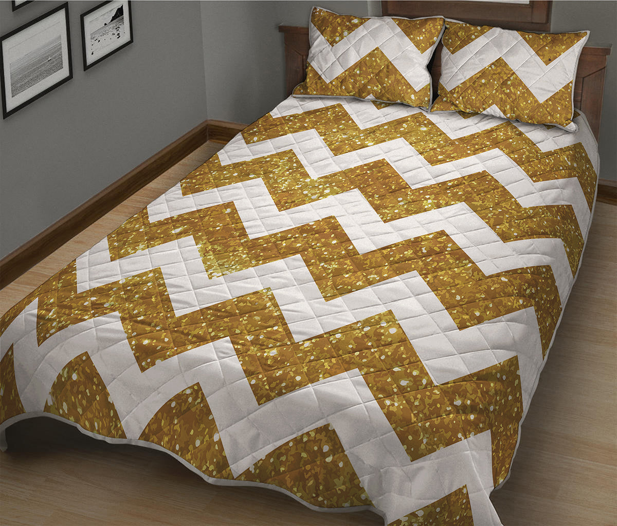 Gold And White Chevron Pattern Print Quilt Bed Set