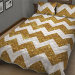 Gold And White Chevron Pattern Print Quilt Bed Set