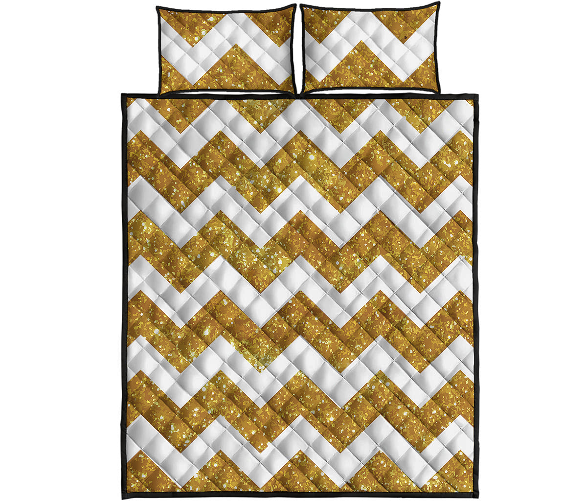 Gold And White Chevron Pattern Print Quilt Bed Set