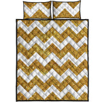 Gold And White Chevron Pattern Print Quilt Bed Set