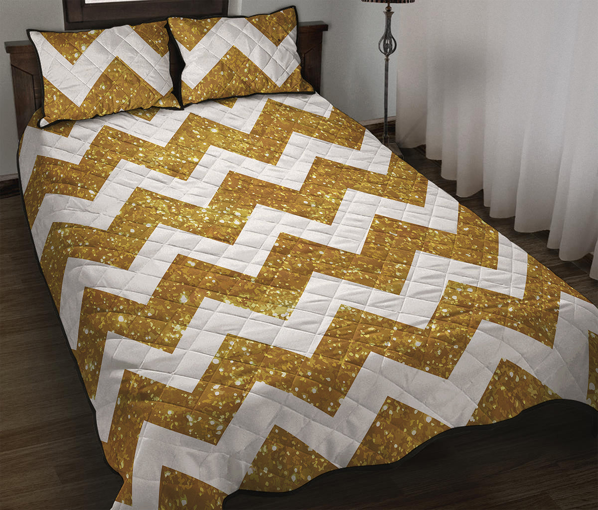 Gold And White Chevron Pattern Print Quilt Bed Set