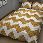 Gold And White Chevron Pattern Print Quilt Bed Set