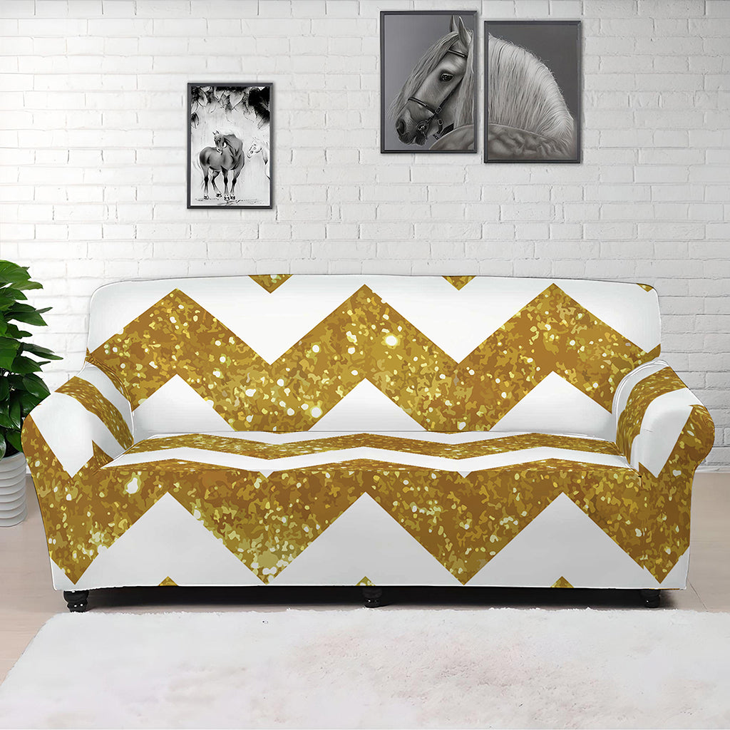 Gold And White Chevron Pattern Print Sofa Cover