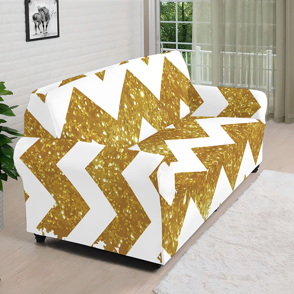 Gold And White Chevron Pattern Print Sofa Cover