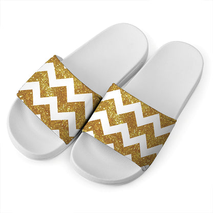 Gold And White Chevron Pattern Print White Slide Sandals