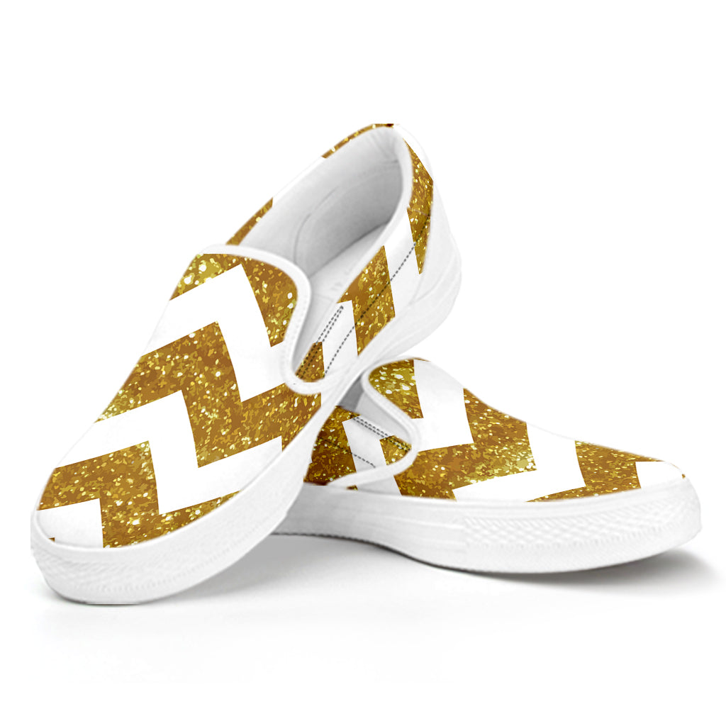 Gold And White Chevron Pattern Print White Slip On Shoes