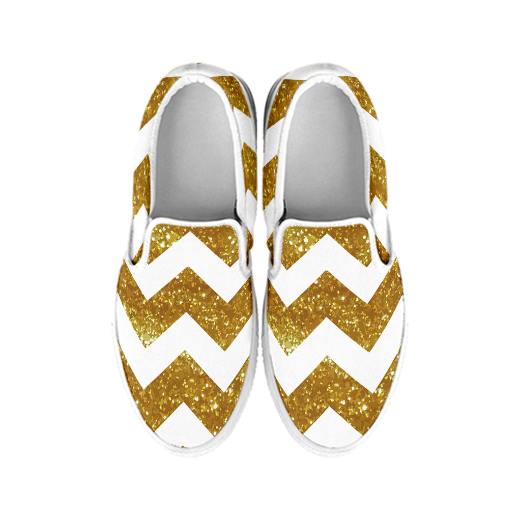 Gold And White Chevron Pattern Print White Slip On Shoes