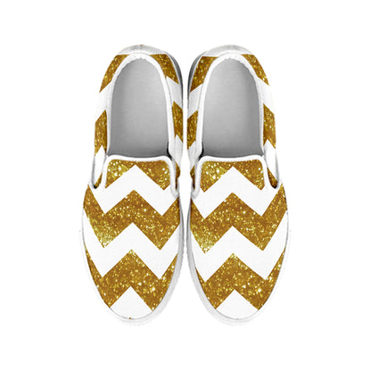 Gold And White Chevron Pattern Print White Slip On Shoes