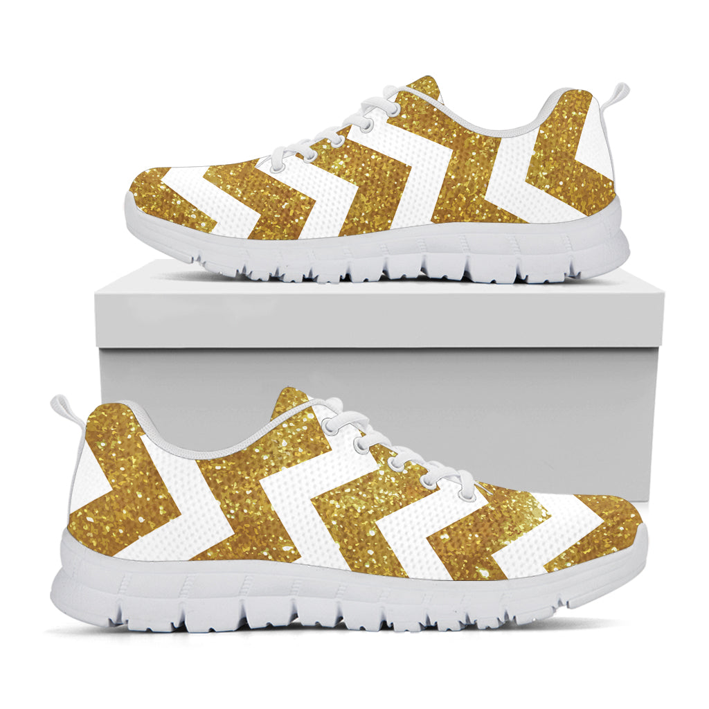 Gold And White Chevron Pattern Print White Sneakers