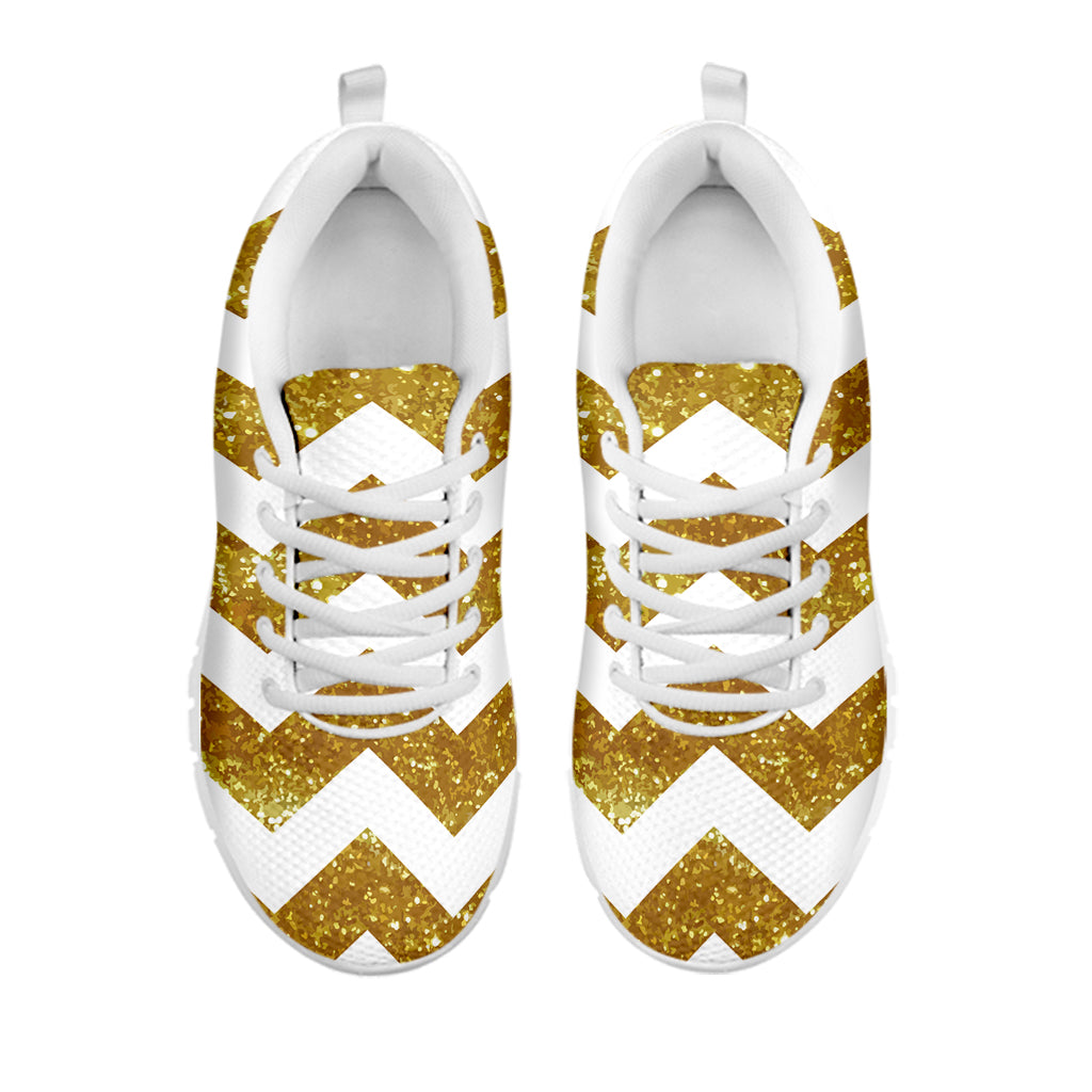 Gold And White Chevron Pattern Print White Sneakers